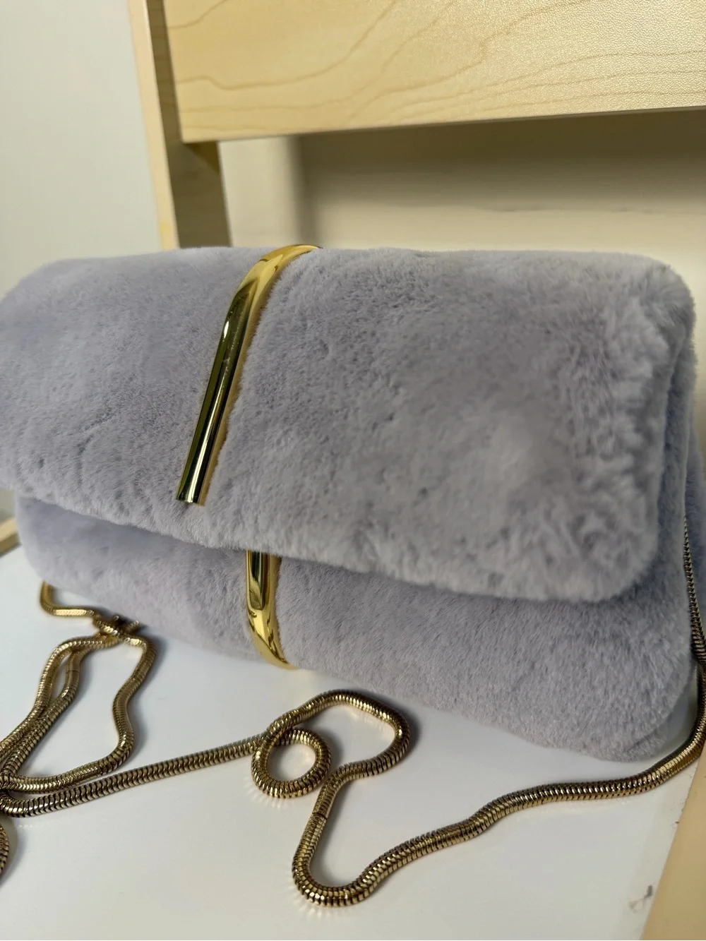 Grey Faux Fur Clutch Bag with Gold Chain Strap